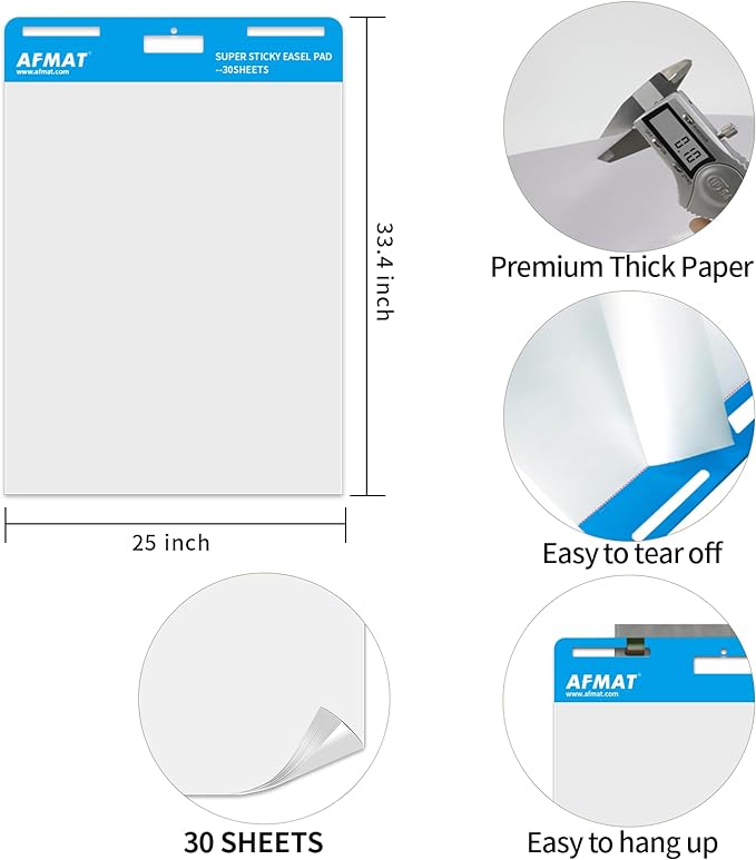 AFMAT Sticky Easel Pads, Chart Paper for Teachers, 8 Pads, Upgraded Large Flip Chart Paper with Sticky Back, Self Stick Easel Paper for Walls, Windows, White Board, 25 x 30 Inches, 30 Sheets/Pad