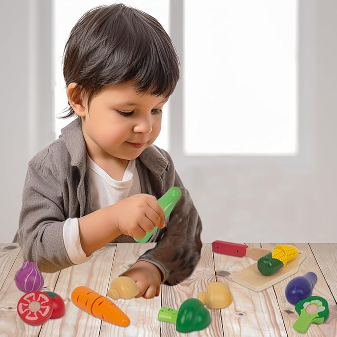 Wooden Cutting Fruits Vegetables Set for Kids, Pretend Play Food Toy Set with Wooden Knife, Tray and Basket for Boys Girls (Vegetable Basket)