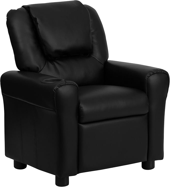 Flash Furniture Vana LeatherSoft Kids Recliner with Cup Holder, Headrest, and Safety Recline, Contemporary Reclining Chair for Kids, Supports up to 90 lbs., Black