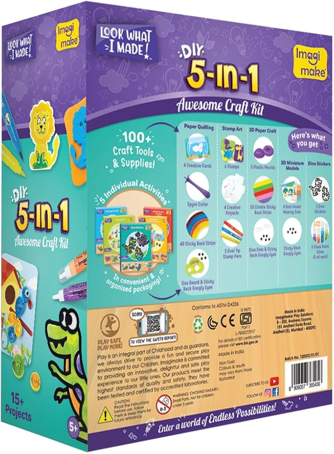 Imagimake 5 in 1 Awesome Craft Kit | Over 15 Projects - Creative DIY Arts & Crafts, Craft Kit for Kids | Gifts for 5 6 7 8 9 10 11 12 Years Old Girls & Boys | Kids Toys, Arts and Crafts for Kids