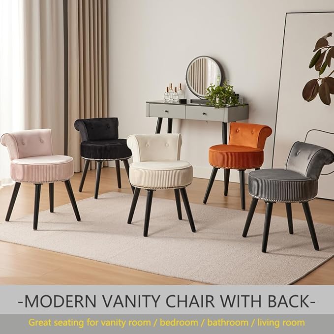Vanity Stool with Back -Black Velvet Vanity Chair with Back Small Vanity Makeup Vanity Chair Velvet Vanity Stool Chair Tufted Accent Chairs Makeup Chair for Vanity for Women Girls and Kids(Black)