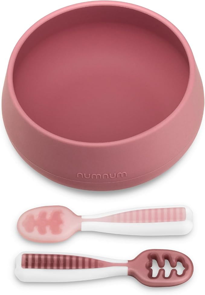 NumNum Suction Bowl + Pre-Spoon GOOtensils Self Feeding Set for Babies & Toddlers | Baby Spoon Set (Stage 1+ 2) | 100% Food Grade Silicone BPA-Free | Strong Suction | 4 months+ (Mauve)