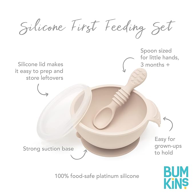Bumkins Baby Bowl, Silicone Feeding Set with Suction for Baby and Toddler, Includes Spoon and Lid, First Feeding Set, Training Essentials for Baby Led Weaning for Babies 4 Months Up, Sand