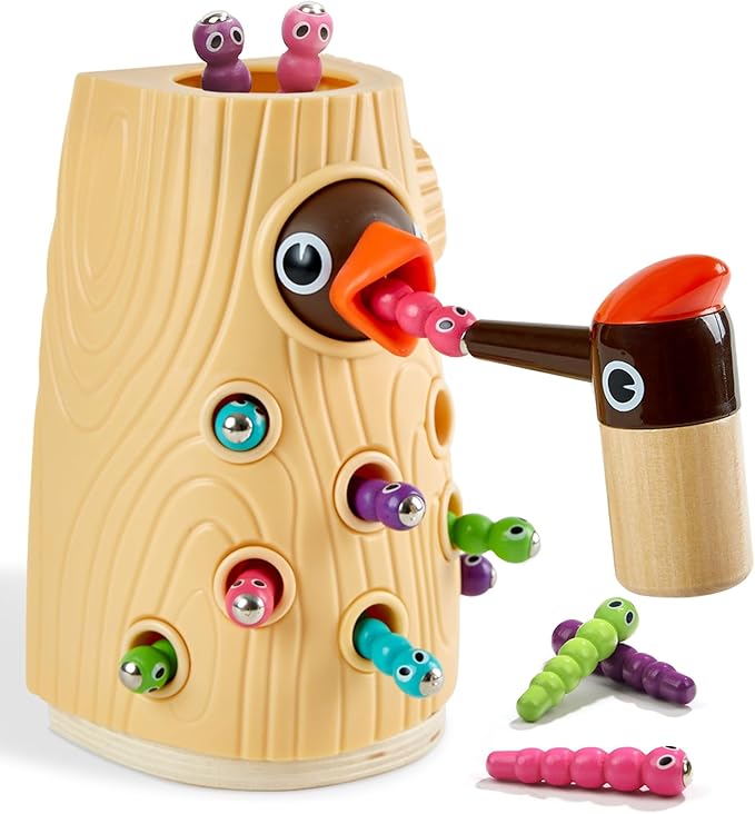 TOP BRIGHT Montessori Toys for 2 Year Old Girl and Boy, Fine Motor Skills Toddler Toys Age 2-4, Woodpecker Worm Toy Magnetic Bird Feeding Game