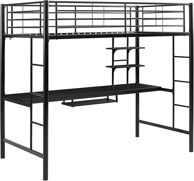 Walker Edison Timothee Urban Industrial Metal Double over Computer Desk Bunk Bed, Full Double, Black