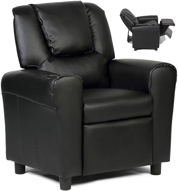 Costzon Kids Recliner Chair with Cup Holder, Toddler Furniture Children Armrest Sofa w/Headrest & Footrest for Girls Boys Baby Bedroom, Kids Room, PU Leather Kids Recliner Couch (Black)