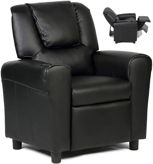 Costzon Kids Recliner Chair with Cup Holder, Toddler Furniture Children Armrest Sofa w/Headrest & Footrest for Girls Boys Baby Bedroom, Kids Room, PU Leather Kids Recliner Couch (Black)