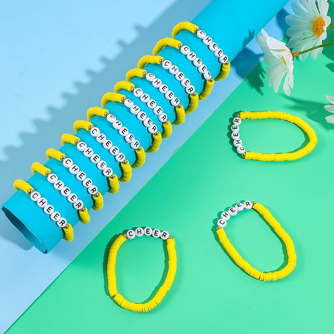 24 Pcs Cheerleader Gifts for Girls Handmade Friendship Bracelets for Teen Girls Stretch Cheer Bracelets Y2k Cheer Stuff Stackable Clay Bead Bracelets Bulk Teens Birthday Christmas Party Favors