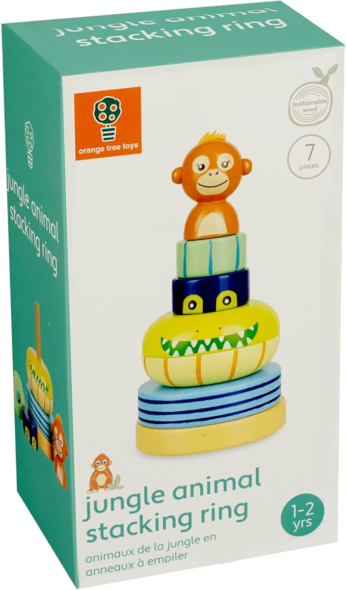 Orange Tree Toys: Stacking Ring: Jungle Animals - Wooden Colorful Stacking Puzzle Toy, Size & Motor Skills Developmental Toy, Toddler & Kids, Ages 1+
