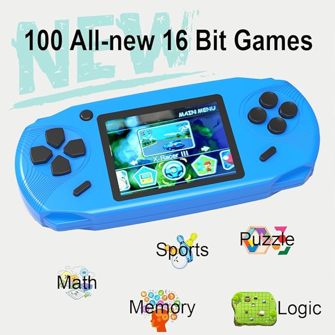 16 Bit Handheld Games for Kids Adults 3.0'' Large Screen Preloaded 100 HD Classic Retro Video Games USB Rechargeable Seniors Electronic Game Player Birthday Xmas Present (Blue)