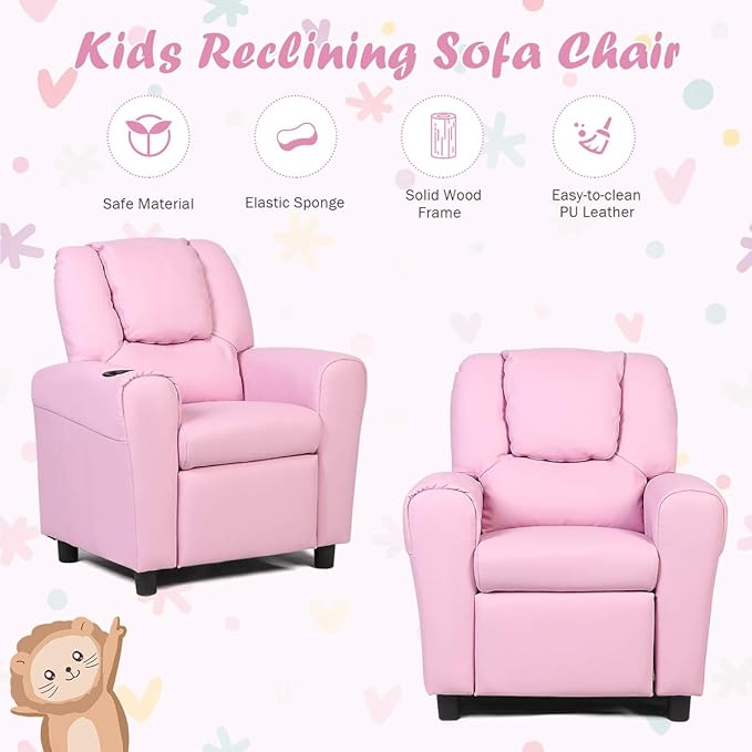 Costzon Kids Recliner Chair with Cup Holder, Toddler Room Furniture Children Armrest Sofa w/Headrest & Footrest for Girls Boys Baby Bedroom, PU Leather Couch (Pink)