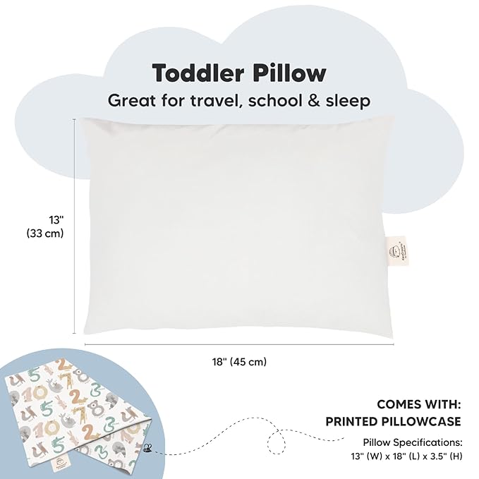 Toddler Pillow with Pillowcase - 13x18 My Little Dreamy Pillow, Organic Cotton Toddler Pillows for Sleeping, Kids Pillow, Travel Pillows, Mini Pillow, Nursery Pillow, Toddler Bed Pillow (Wild Count)