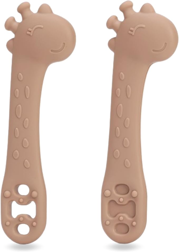 Silicone Giraffe Baby Spoon and Teether BPA Free Soft Tip Utensils for Baby Led Weaning Self Feeding and Teething Relief Dishwasher Safe Easy to Hold Infant Training Spoon Set for 6+ Months 2 Pack