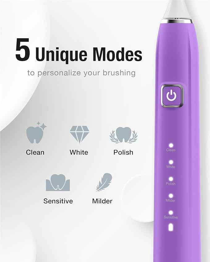 7AM2M Sonic Electric Toothbrush with 6 Brush Heads for Adults&Kids, One Charge for 120 Days, Wireless Fast Charge, 5 Modes, 40000VPM Powered Toothbrush (Purple)