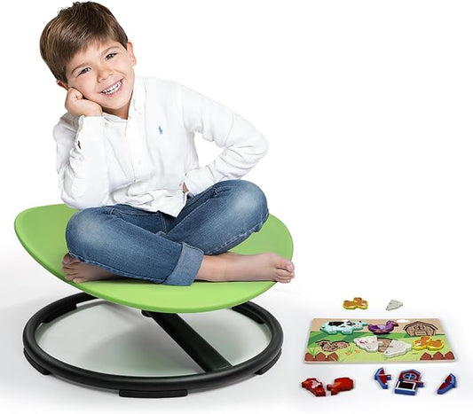 Kids Sensory Swivel Chair, Sensory Spin Chair for Autism Kids, Body Coordination Training Chair, Spin Seat, Metal Base, Non-Slip Design, (Green)