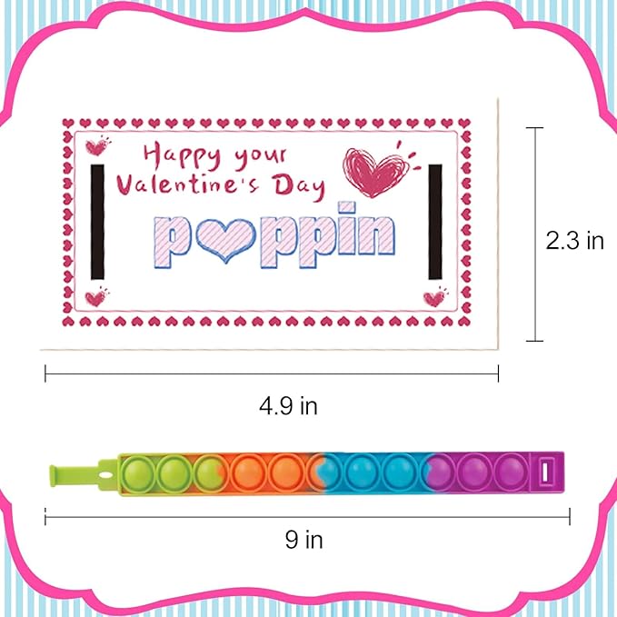 28PCS Valentines Cards with Pop Bracelets Fidget Toys, Bulk-Valentine's Day Gifts for Kids, Valentine Exchange Cards Gift for Classroom, School Party Favors for Kids, Valentine's Day Prize Toys