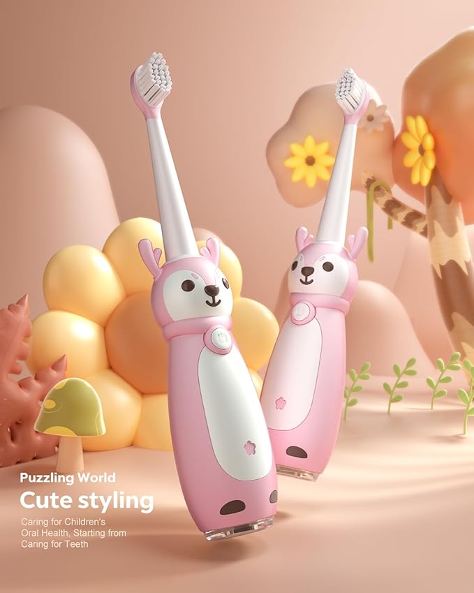 Kids Sonic Electric Toothbrush for Ages 3+, IPX7 Waterproof, 3 Smart Modes with Memory,Includes 4 Replacement Brush Heads, Pink