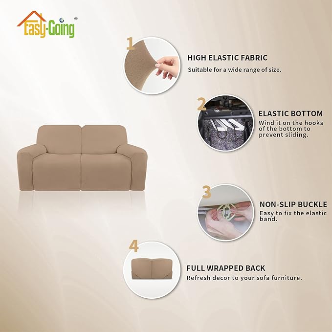 Easy-Going Oversized 6 Pieces Microfiber Stretch Sectional Recliner Loveseat Sofa Slipcover Soft Fitted Fleece 2 Seats Couch Cover Washable Furniture Protector with Elasticity for Kids Pet Camel