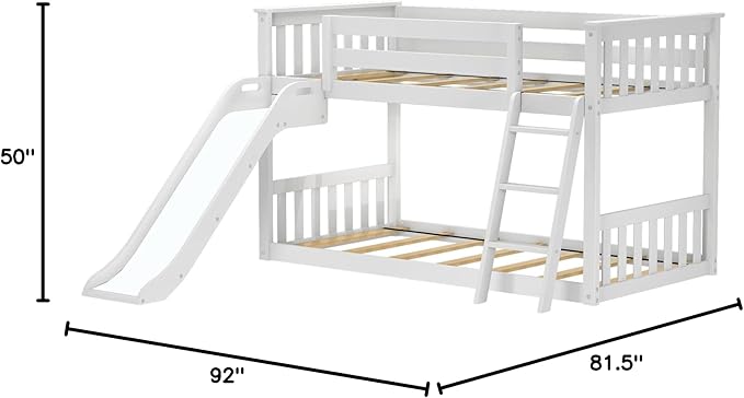 Max & Lily Solid Wood Twin Over Twin Size Low Bunk Beds for Kids with Slide and Ladder, 400 lbs Weight Capacity, 14" Safety Guardrail, Anti-Slip Steps, White