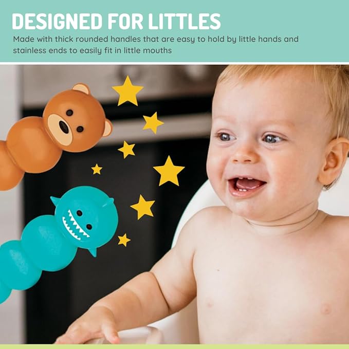 melii Toddler and Kid Feeding Spoon & Fork Set, Stainless Steel – Bulldog, Cat, Shark, Bear– BPA Free, Dishwasher safe (Bear & Shark 4pc)