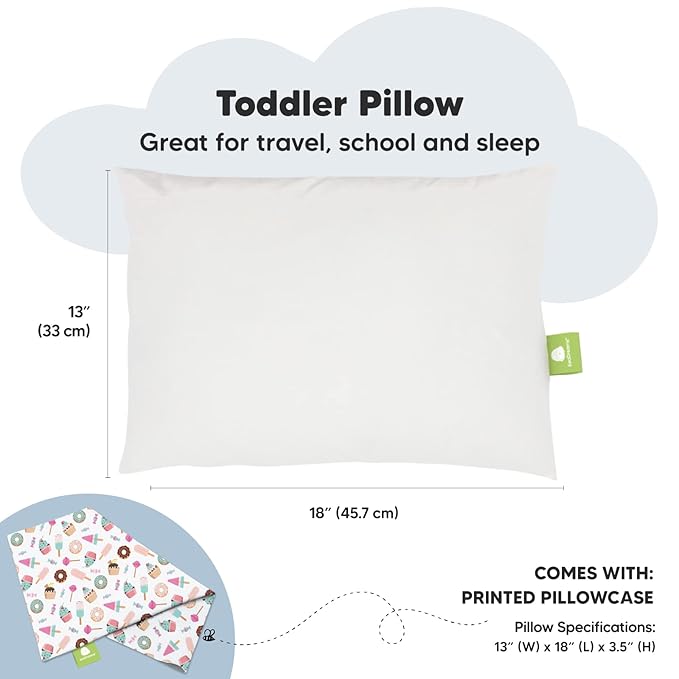 Toddler Pillow with Pillowcase - 13x18 My Little Dreamy Pillow, Organic Cotton Toddler Pillows for Sleeping, Kids Pillow, Travel Pillows, Mini Pillow, Nursery Pillow, Toddler Bed Pillow (Sweet Tooth)