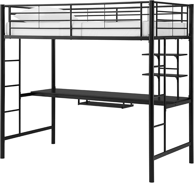 Walker Edison Timothee Urban Industrial Metal Double over Computer Desk Bunk Bed, Full Double, Black