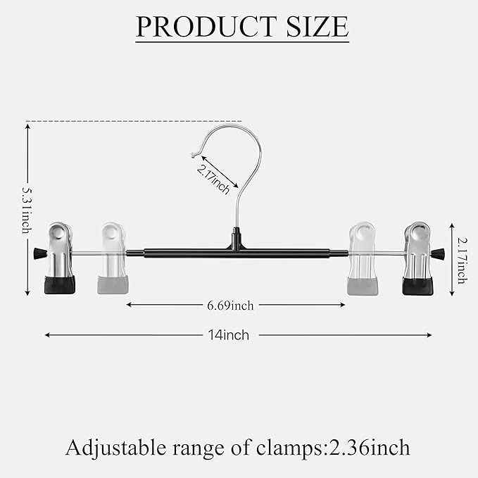 20 Pack 14Inch Heavy Duty Pants Skirt Hangers with Clips,Metal Trousers Hanger for Jeans Black Non Slip Women Shorts Hangers Saving Space Clothing Hanger for Adult,Men,Children,Kid,Baby