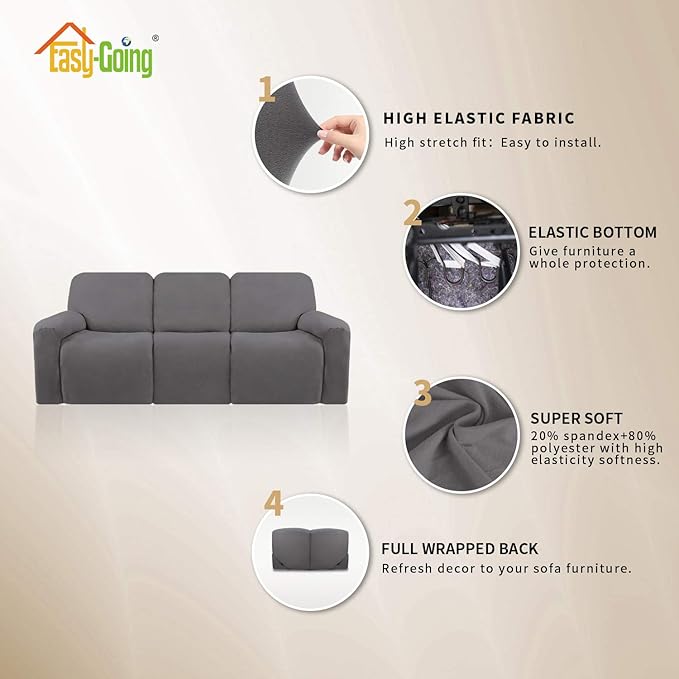 Easy-Going 8 Pieces Microfiber Stretch Sectional Recliner Sofa Slipcover Soft Fitted Fleece 3 Seats Couch Cover Washable Furniture Protector with Elasticity for Kids Pet(Recliner Sofa, Light Gray)
