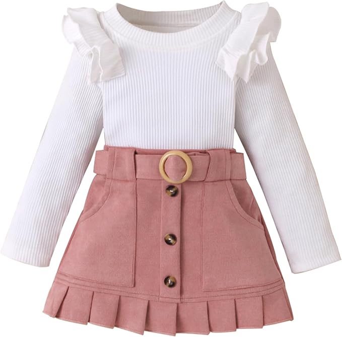 Fernvia Toddler Baby Girl Fall Winter Skirt Set Turtleneck Ribbed Long Sleeve T-Shirt Top & Plaid Skirts Dress 2Pcs Outfits