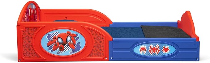 Delta Children - Marvel Spidey and His Amazing Friends 4-Piece Toddler Room-in-a-Box Set – Includes Sleep and Play Toddler Bed, Table, 1 Chair and Fabric Toy Box, Blue/Red