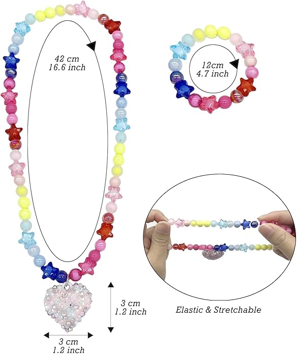 Kids Jewelry for Girls, Toddler Jewelry, 2 Sets Girls Jewelry Beaded Necklace and Beads Bracelet for Little Girls Kids Toddler, Little Girls Jewelry Set, Favors Bags for Girls