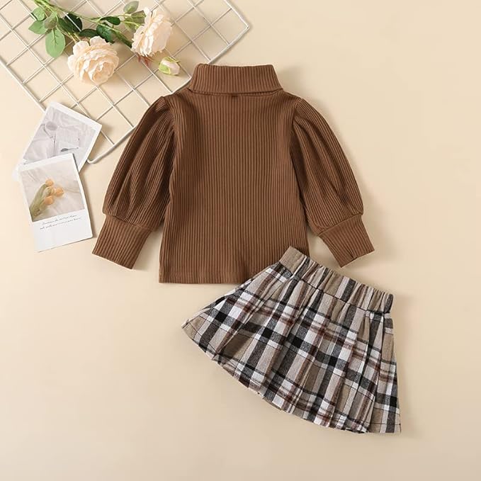 Fernvia Toddler Baby Girl Fall Winter Skirt Set Turtleneck Ribbed Long Sleeve T-Shirt Top & Plaid Skirts Dress 2Pcs Outfits