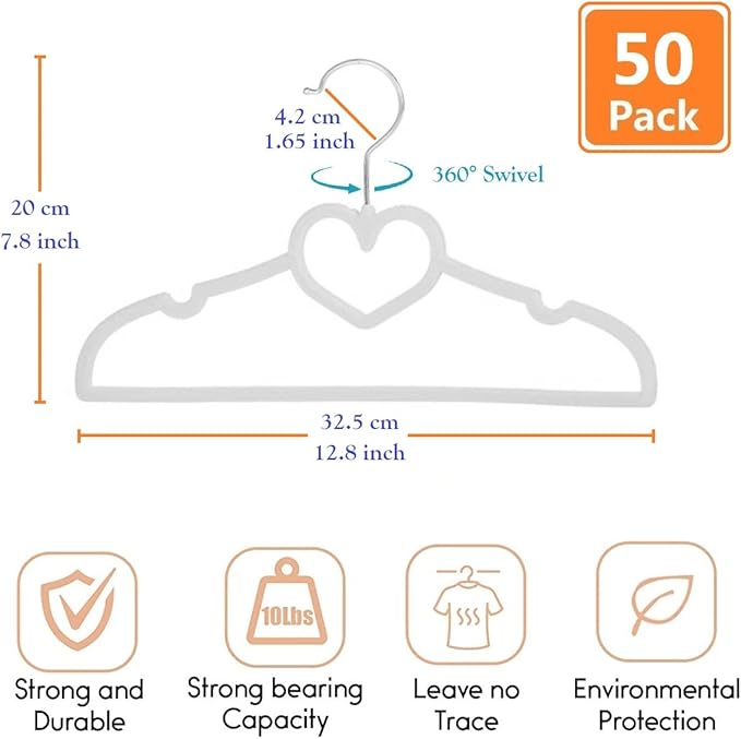 Kids Velvet Hangers 50 Pack, 12.8 Inch Non Slip Toddler Hangers, Ultra Slim Space Saving Childrens Hanger - 360° Swivel Hook, Cascade Design, Durable & Cute Baby Hangers (White