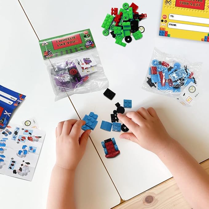 24 Packs Train Building Blocks with Valentines Gift Cards, 6 in 1 Train Building Blocks Sets for Boys Girls Goodie Bags Carnival Prizes Birthday Supplies, Classroom Exchange Prize, Valentine Party
