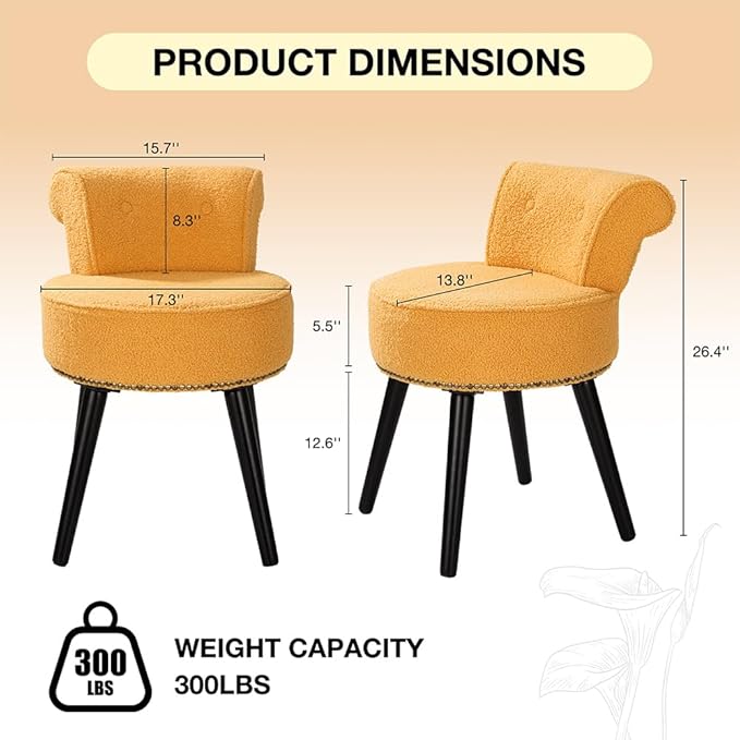 Sherpa Vanity Chair with Back Small Makeup Chair with Wood Legs Sherpa Vanity Stool Tufted Accent Chairs with Low Back Makeup Chair for Vanity for Women Girl and Kids (Yellow)