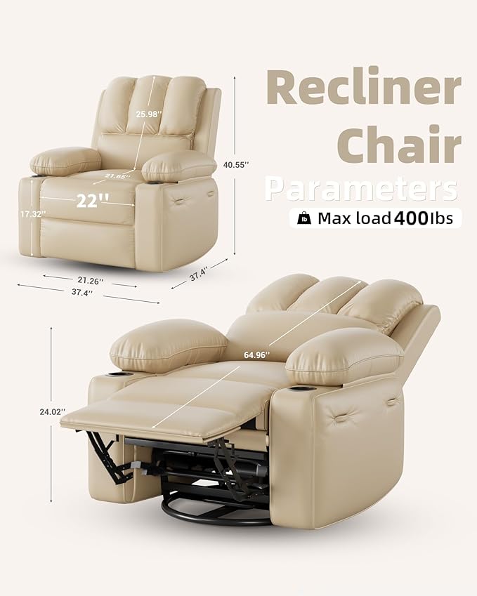 22'' Leather Recliner Chair for Adults, Overstuffed Manual Recliner Chair, Single Sofa with Cup Holder and Side Pockets, Upholstered Chair for Living Rooms, Creamy