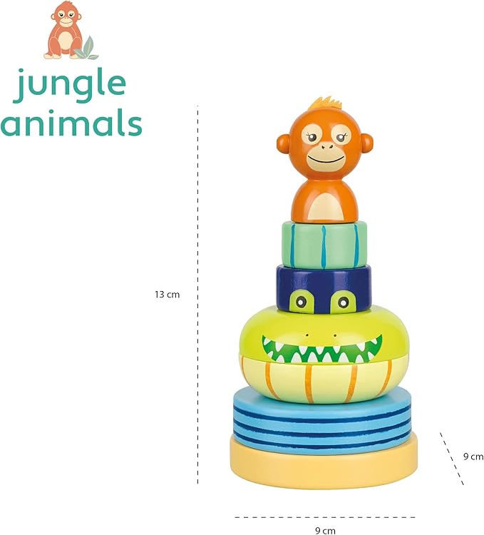 Orange Tree Toys: Stacking Ring: Jungle Animals - Wooden Colorful Stacking Puzzle Toy, Size & Motor Skills Developmental Toy, Toddler & Kids, Ages 1+