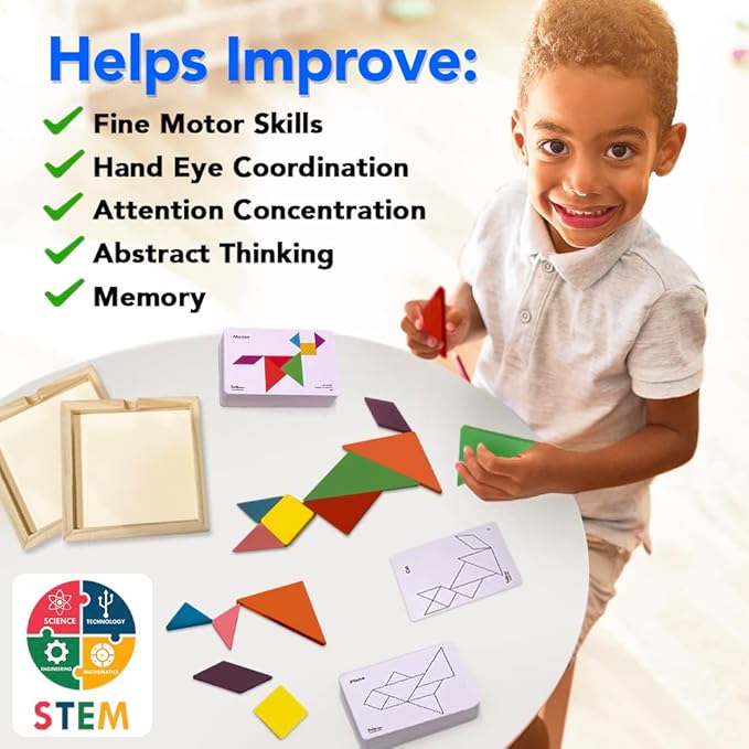 3 Bees & Me 2 Wooden Tangram Shapes Puzzle Toys with 52 Pattern Cards for Kids and Adults - Montessori Wood Toy, STEM Shape Puzzles Manipulatives Games, Educational Tangrams for Kids