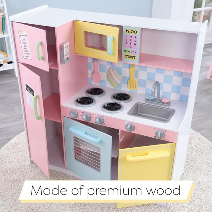 KidKraft Wooden Large Pastel Play Kitchen with Turning Knobs, See-Through Doors and Play Phone Gift for Ages 3+