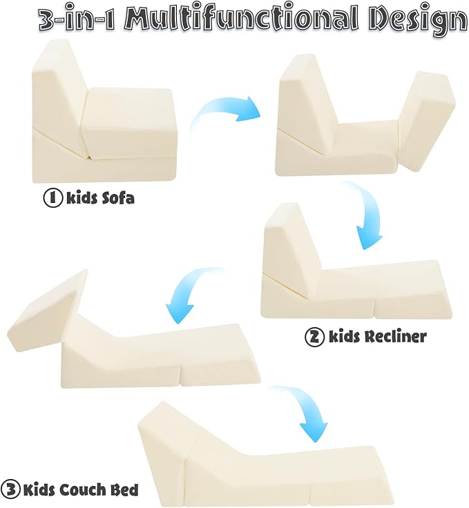 MeMoreCool Toddler Couch Fold Out Sofa Bed, Kids Lounge Chair Foldable Floor Lounger, 3-in-1 Folding Children Chair Bed, Pull Out Recliner for Toddlers 1-3, Beige