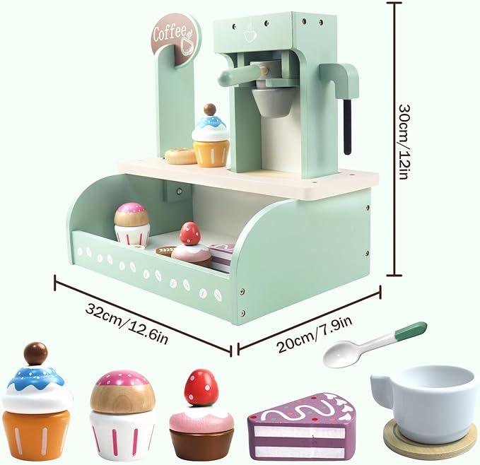 Kids Coffee Maker, Wooden Toy Coffee Maker for Kids, Kids Coffee Playset, Play Coffee Maker Set Rich in Accessories, for Toddler Girls and Boys, Aged 3 4 5 6