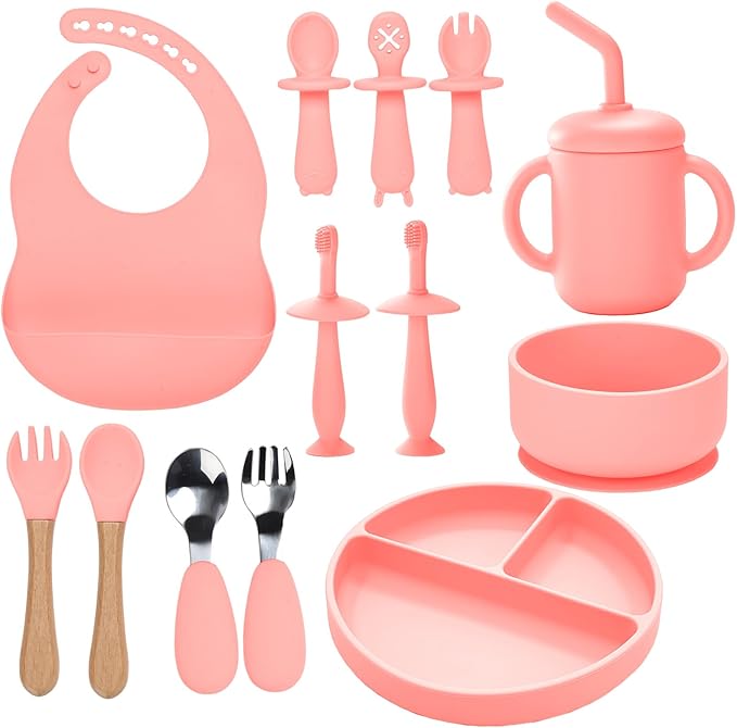 Silicone Baby Feeding Set,13PCS Baby Feeding Essentials with Suction Bowl and Plate,Spoons & Forks,Bib & Cup,Baby Toothbrush,Baby Led Weaning Supplies for 6+ Months,Baby Eating Essentials (Pink)