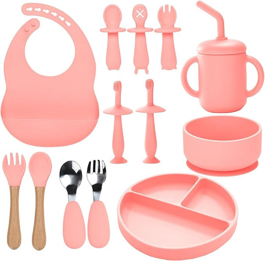 Silicone Baby Feeding Set,13PCS Baby Feeding Essentials with Suction Bowl and Plate,Spoons & Forks,Bib & Cup,Baby Toothbrush,Baby Led Weaning Supplies for 6+ Months,Baby Eating Essentials (Pink)