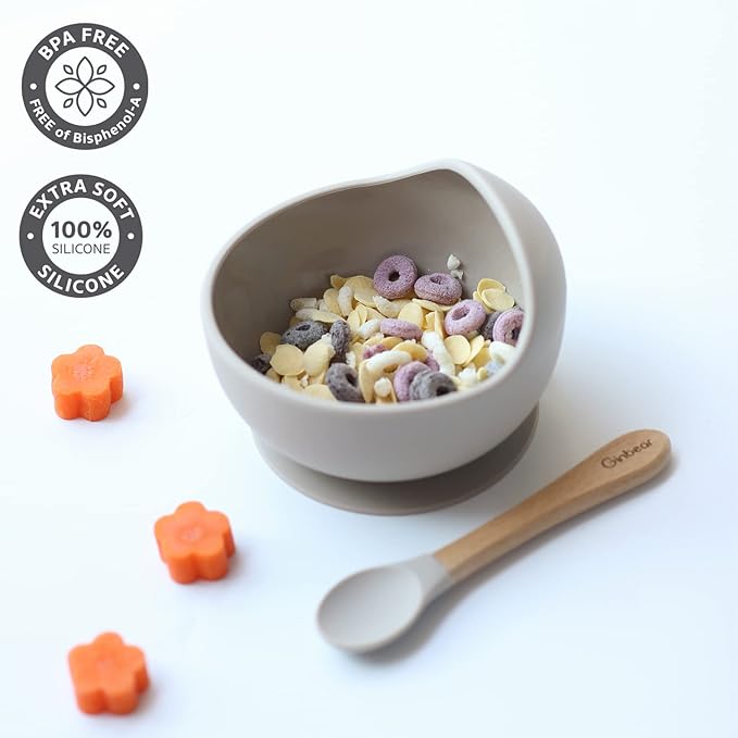 Ginbear Baby Bowls with Suction, Silicone Bibs, Baby Spoons, Baby Led Weaning Supplies, Toddler Feeding Set for Ages 6 Months+ (Almond)