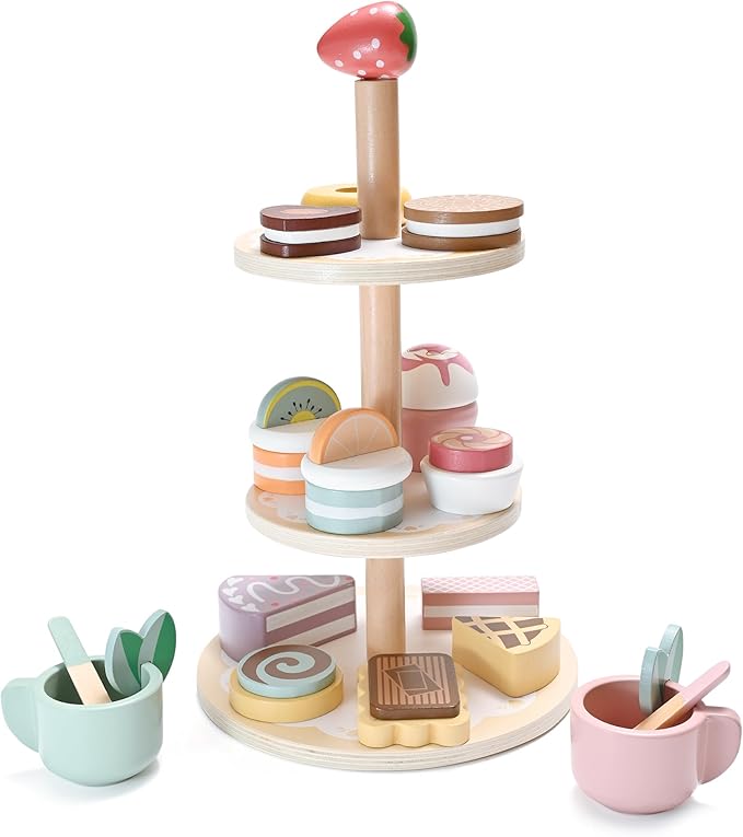 19pcs Wooden Tea Set for Little Girls, Toddler Tea Set Wooden Toys Play Kitchen Accessories with Cupcake Stand & Fake Dessert, Kids Tea Party Set Pretend Play Food Birthday Gift Playset