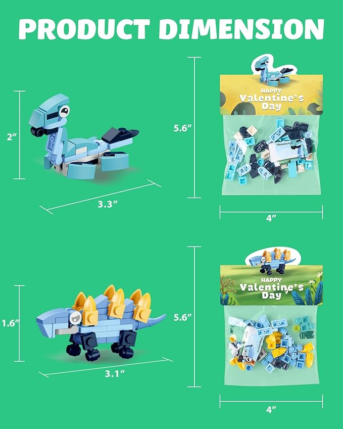 24 Pack Prefilled Dinosaur Valentines Building Blocks Set for Kids, Classroom & School Exchange Gifts with Valentine's Day Cards, Ideal Party Toy for Boys & Girls