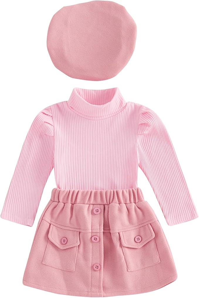 Fernvia Toddler Baby Girl Fall Winter Skirt Set Turtleneck Ribbed Long Sleeve T-Shirt Top & Plaid Skirts Dress 2Pcs Outfits