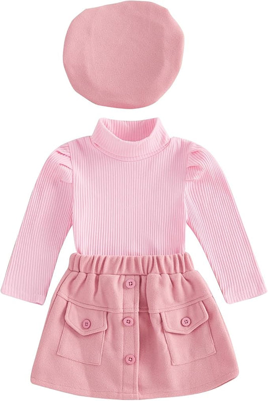 Fernvia Toddler Baby Girl Fall Winter Skirt Set Turtleneck Ribbed Long Sleeve T-Shirt Top & Plaid Skirts Dress 2Pcs Outfits