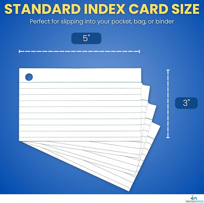 1InTheOffice Index Cards with Ring 3x5, Flash Cards with Binder Ring, Single Hole Punched Notecards, 65 Cards, 3 Pack