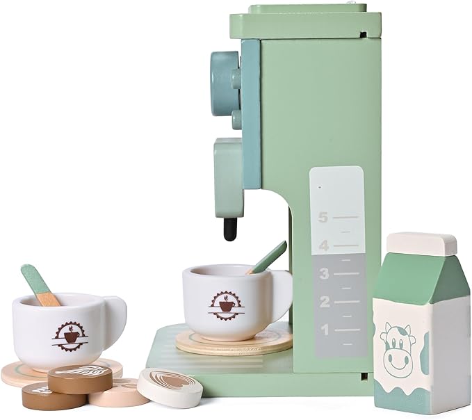 Kids Wooden Toys Toddler Pretend Play Kitchen Accessories Green Coffee Maker Espresso Machine Playset Montessori Kitchen Toy Gift for Girls and Boys